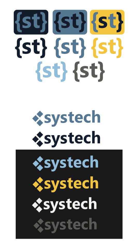 Brand Identity Guide page showing the systech icon and logo color variations