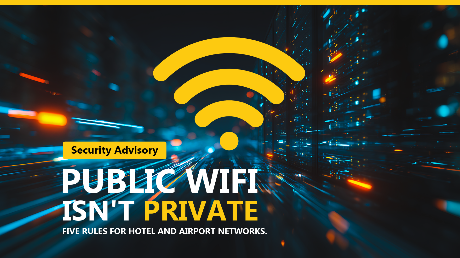 Security advisory graphic reading Public Wi-Fi Isn't Private, with a Wi-Fi signal icon marked by a warning triangle