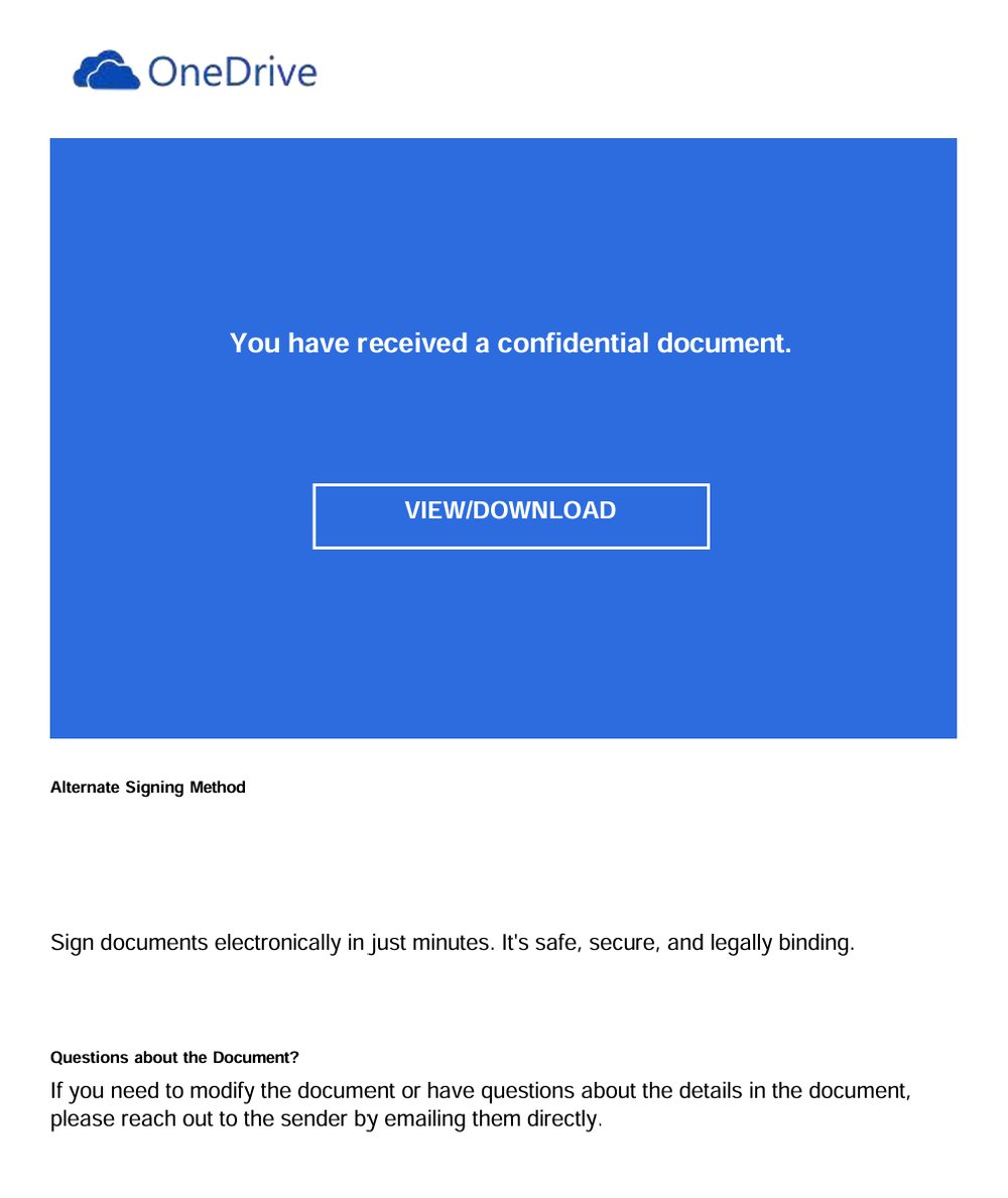 Screenshot of the phishing PDF: a OneDrive logo above a blue panel reading You have received a confidential document with a VIEW/DOWNLOAD button, followed by Alternate Signing Method text about signing documents electronically.