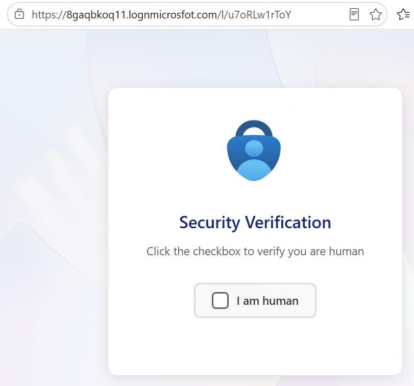 Screenshot of a fake Security Verification page with an Authenticator-style logo and an I am human checkbox. The browser address bar shows 8gaqbkoq11.lognmicrosofot.com.