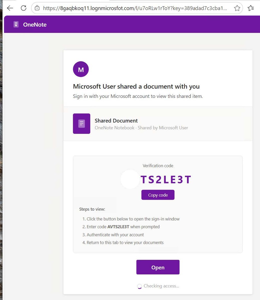Screenshot of a fake OneNote page reading Microsoft User shared a document with you. It shows a verification code with a Copy code button, four numbered steps telling the visitor to enter code AVTS2LE3T when prompted, and a purple Open button. The address bar still shows lognmicrosofot.com.