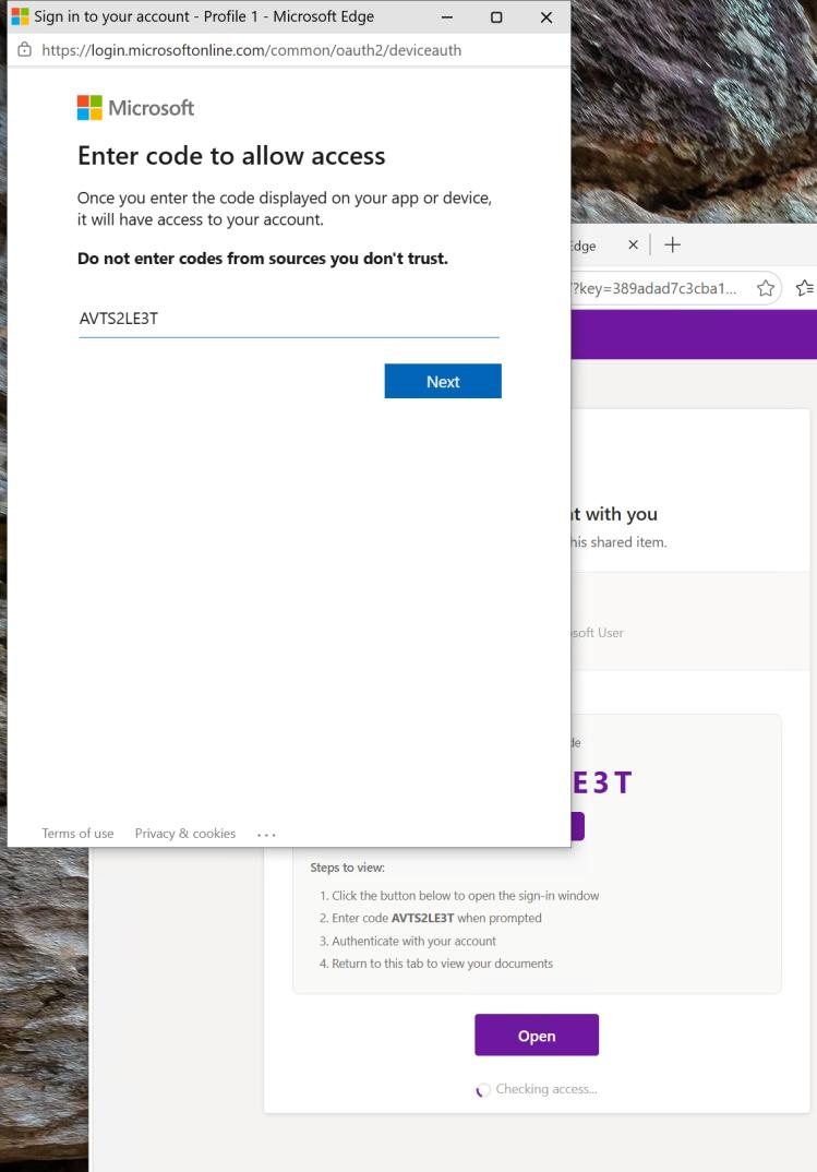 Screenshot of Microsoft's genuine Enter code to allow access window at login.microsoftonline.com, with the code AVTS2LE3T already filled in and Microsoft's warning not to enter codes from sources you don't trust. The fake OneNote page is visible behind it.